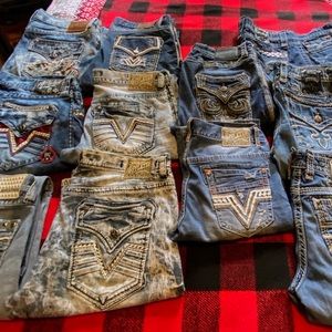 11 PAIRS OF AFFLICTION & ROCK RIVIVAL MENS JEANS